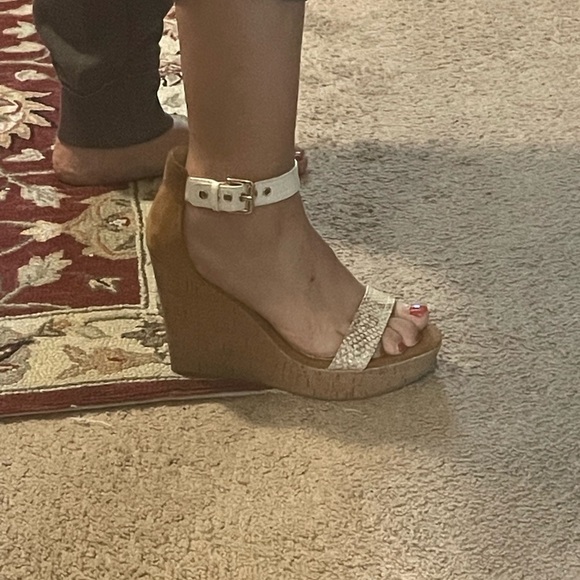 Mark Fisher beige suede and snake embossed ankle strap cork wedges. - Picture 13 of 13